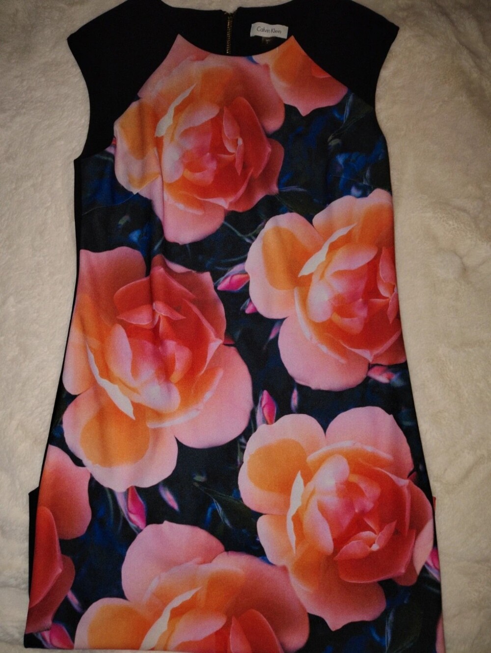 Calvin Klein Floral Shift Dress - Pink & Orange Roses on Black